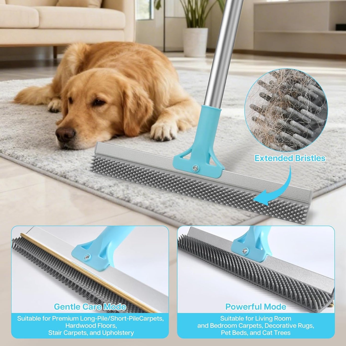 3PCS Carpet Rake for Pet Hair Removal, 54” Adjustable Long Handle, Dual-Sided Metal & Silicone Head,Reusable Pet Hair Remover Scraper Rake Carpet,Dog Hair Broom for Rugs,Mats,Couch and Furniture.