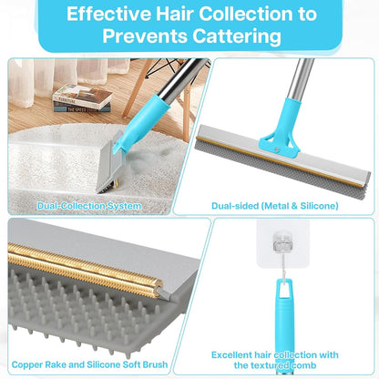 3PCS Carpet Rake for Pet Hair Removal, 54” Adjustable Long Handle, Dual-Sided Metal & Silicone Head,Reusable Pet Hair Remover Scraper Rake Carpet,Dog Hair Broom for Rugs,Mats,Couch and Furniture.